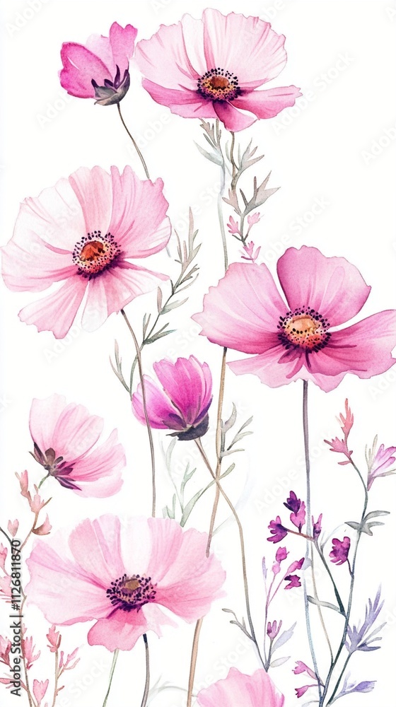 Beautiful watercolor illustration of blooming pink flowers on slender stems, showcasing nature's delicate artistry in a blend of soft hues and intricate details. Beautiful watercolor illustration of blooming pink flowers on slender stems, showcasing nature's delicate artistry in a blend of soft hues and intricate details.
