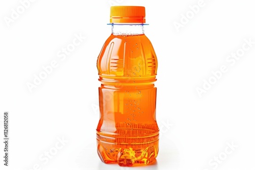 Bottle of orange juice is sitting on a white background. The bottle is clear and has a blue cap
