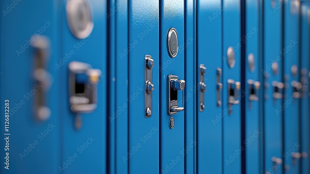 Row of blue lockers with a silver handle. The lockers are open and the handles are visible Row of blue lockers with a silver handle. The lockers are open and the handles are visible