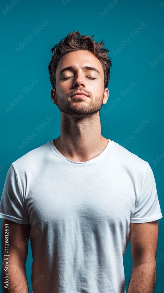 Calm and content young man wearing a white t-shirt, standing against a turquoise background, capturing a moment of serene reflection with eyes gently closed. Calm and content young man wearing a white t-shirt, standing against a turquoise background, capturing a moment of serene reflection with eyes gently closed.