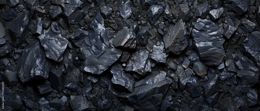 Close-up photo of varied-sized coal pieces scattered haphazardly. Dark tones enhance moody atmosphere. Focus on coal with shadows cast. Close-up photo of varied-sized coal pieces scattered haphazardly. Dark tones enhance moody atmosphere. Focus on coal with shadows cast.