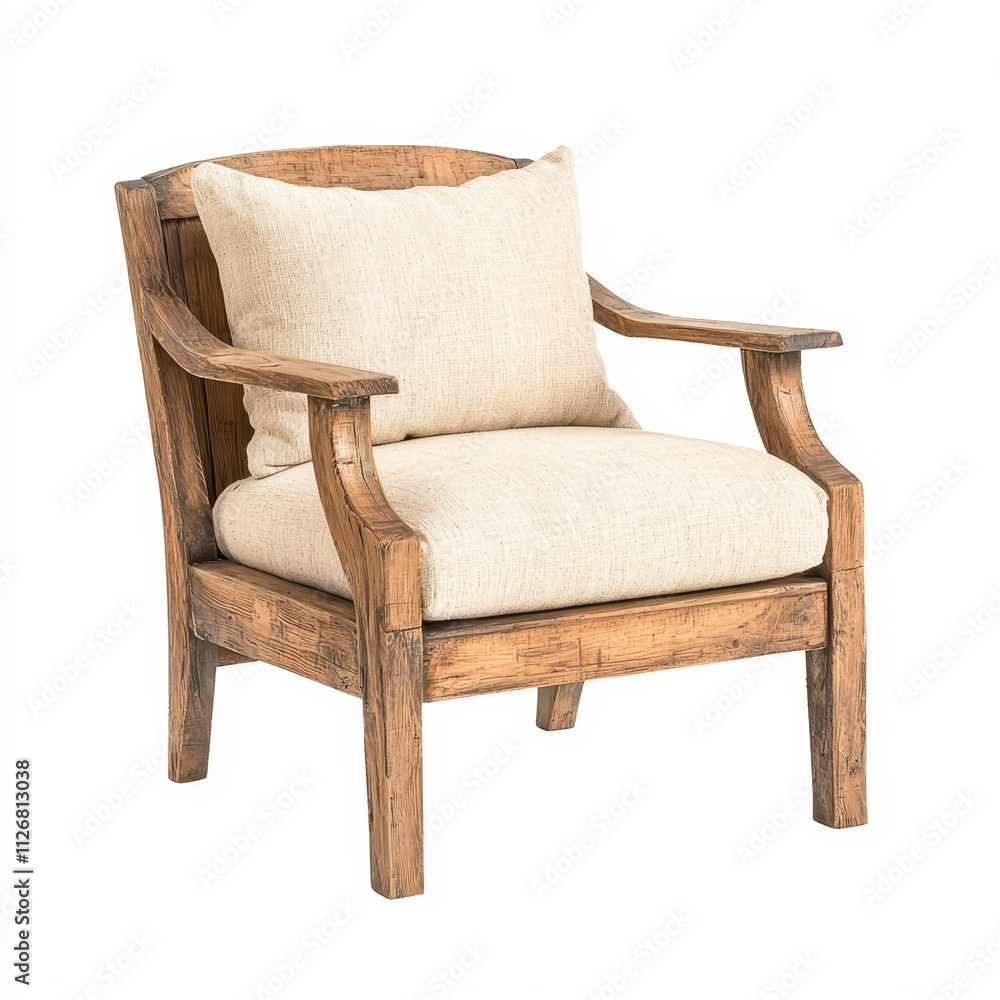 A rustic wooden armchair with a soft cream cushion, perfect for adding cozy charm to any living space. A rustic wooden armchair with a soft cream cushion, perfect for adding cozy charm to any living space.