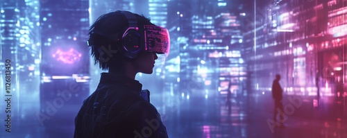 A futuristic woman in a glowing, minimalistic headset, interacting with holographic AI systems in a vibrant, techfilled communication hub, evoking innovation and connection photo