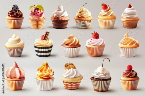 Collection of cupcakes with various flavors and toppings, including chocolate, vanilla, and strawberry