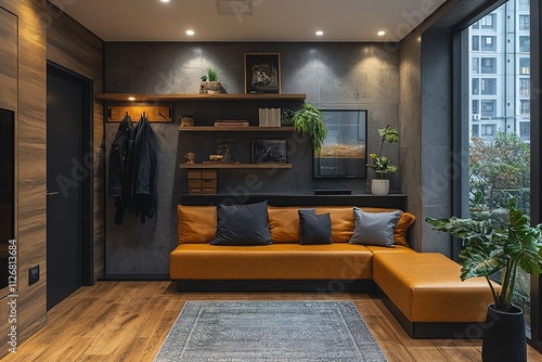 Wallpaper Mural A living room with a couch, a potted plant, and a few books Torontodigital.ca