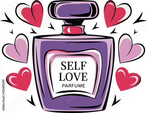 Stylized perfume bottle labeled Self Love Perfume vector illustration