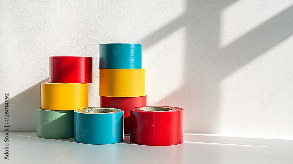 Colorful Rolls of Adhesive Tape Stacked Creatively with Bright Shadows on a Minimalist Background, Ideal for Office, Crafting, or Artistic Projects Colorful Rolls of Adhesive Tape Stacked Creatively with Bright Shadows on a Minimalist Background, Ideal for Office, Crafting, or Artistic Projects