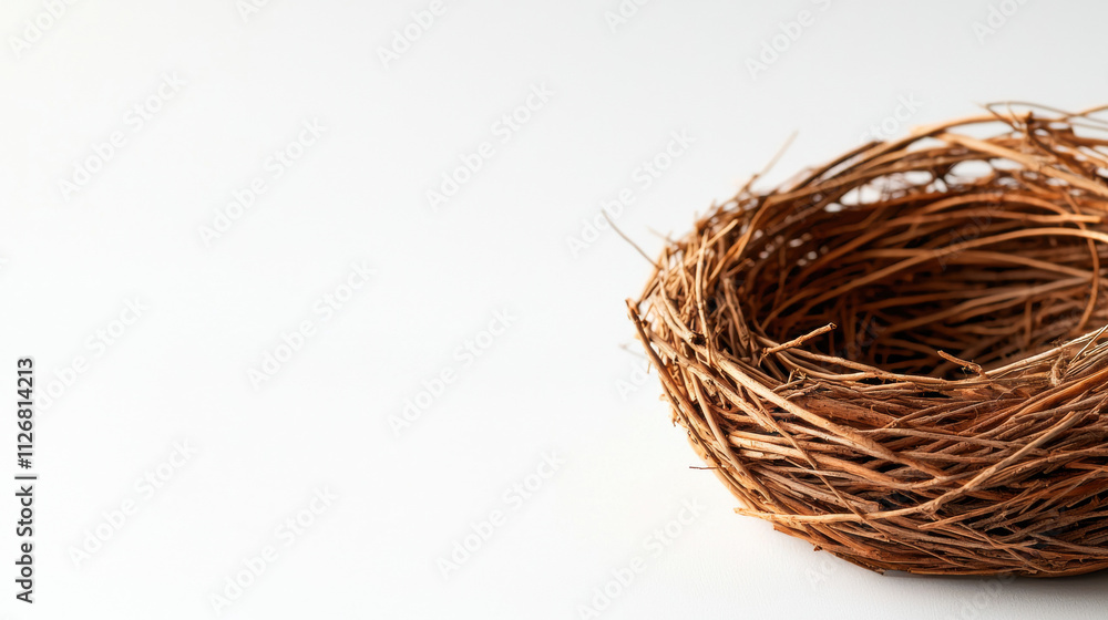 Handcrafted wooden bird nest concept. A simple bird's nest made of twigs, resting on a clean white background, symbolizing nature and new beginnings. Handcrafted wooden bird nest concept. A simple bird's nest made of twigs, resting on a clean white background, symbolizing nature and new beginnings.