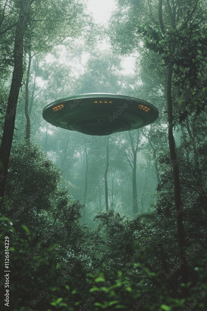 Green forest with a UFO flying through it. Scene is mysterious and eerie Green forest with a UFO flying through it. Scene is mysterious and eerie