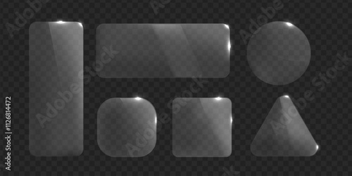 Vector glass frame. Isolated on transparent background. Glass banner realistic. Rectangular, round, triangular and square acrylic banner.  