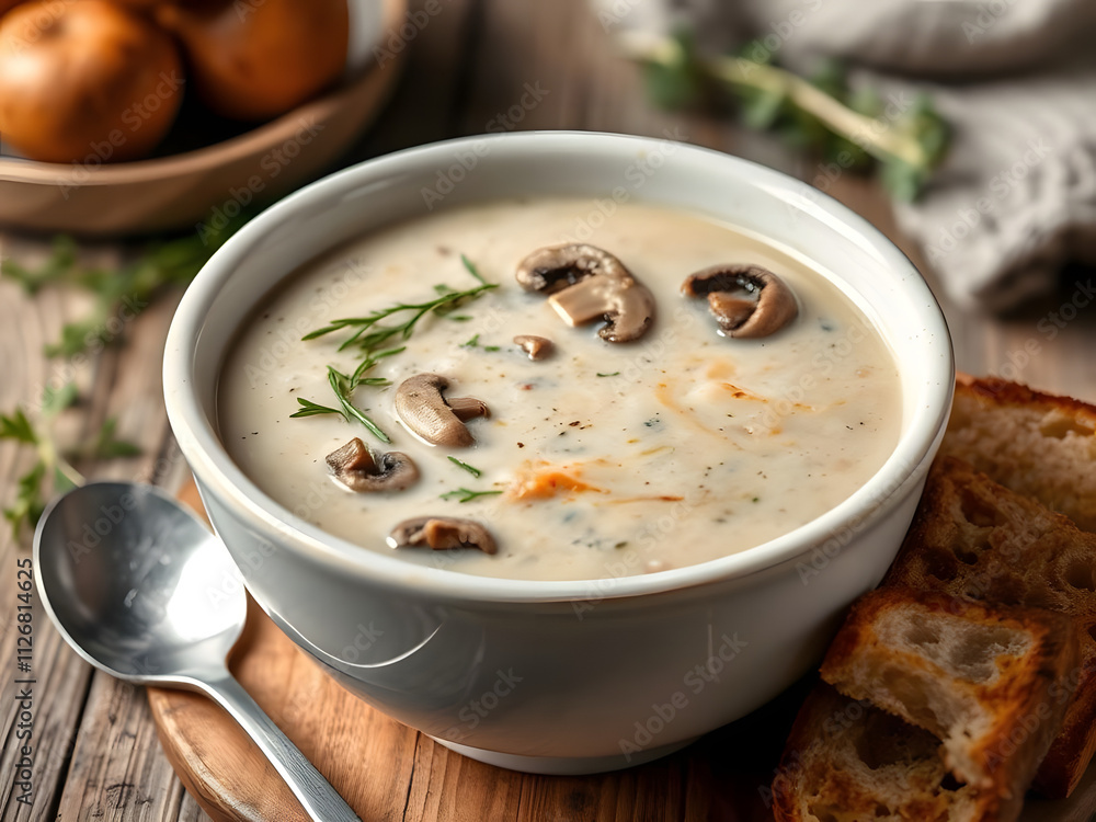 Rich and creamy mushroom soup garnished with fresh herbs and accompanied by crispy toasted bread, elegantly presented on a rustic wooden table. Rich and creamy mushroom soup garnished with fresh herbs and accompanied by crispy toasted bread, elegantly presented on a rustic wooden table.
