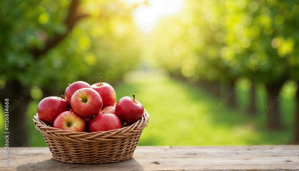 Red Apples On Table In Basket In The Sunny Green Orchard - Harvest Concept Red Apples On Table In Basket In The Sunny Green Orchard - Harvest Concept