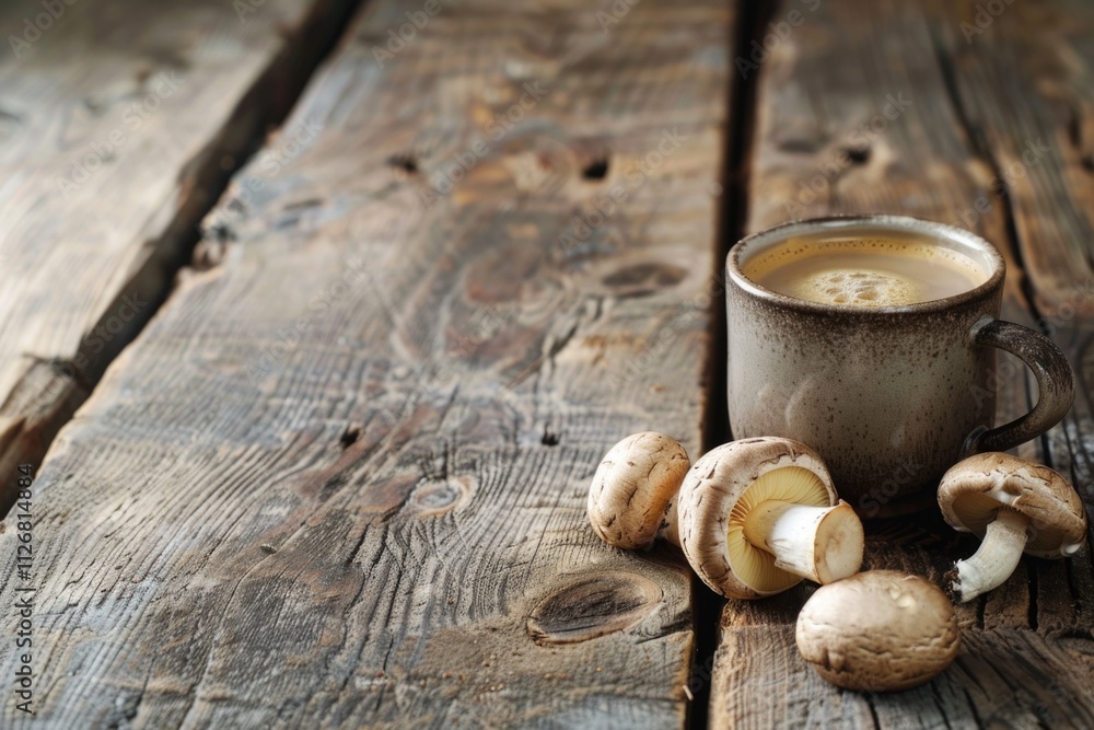 Mug of coffee sits on a wooden table with a pile of mushrooms next to it. Concept of comfort and warmth, as the coffee and mushrooms are both associated with relaxation and indulgence Mug of coffee sits on a wooden table with a pile of mushrooms next to it. Concept of comfort and warmth, as the coffee and mushrooms are both associated with relaxation and indulgence