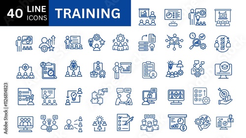 Set of 40 line icons related to Training, mentoring, education, meeting, conference, teamwork. Outline icon collection. Editable stroke. Vector illustration photo