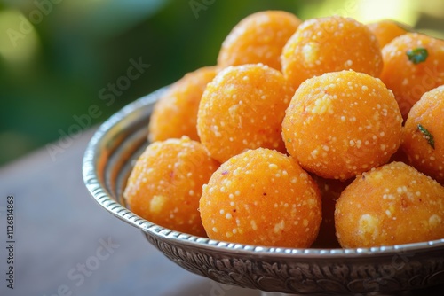 Bowl of orange balls sits on a table. The bowl is silver and has a pattern on it. The balls are all different sizes and are arranged in a way that makes them look like they are ready to be eaten photo