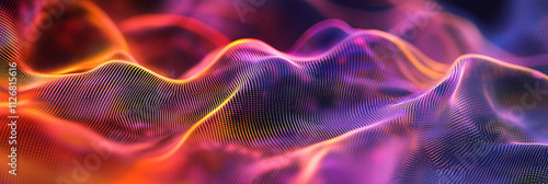 Abstract digital waves, with a mesh-like structure and gradient colors, symbolizing data and information flow. 