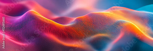 Abstract digital waves, with a mesh-like structure and gradient colors, symbolizing data and information flow. 