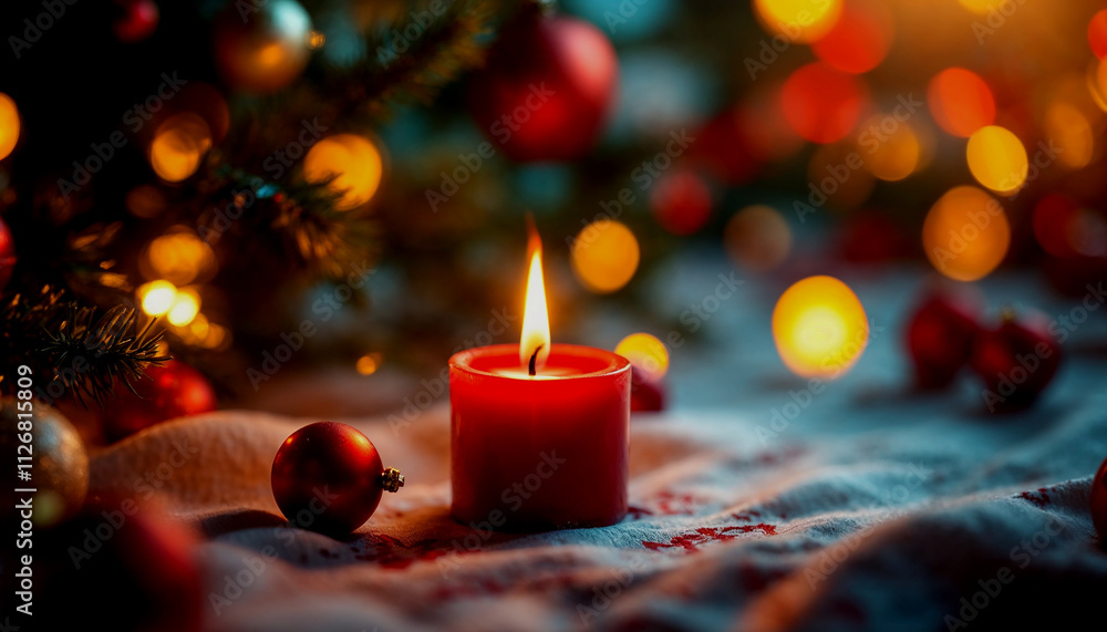 Festive holiday greeting card with featuring a lit red candle, ornaments, and a warm bokeh background Festive holiday greeting card with featuring a lit red candle, ornaments, and a warm bokeh background