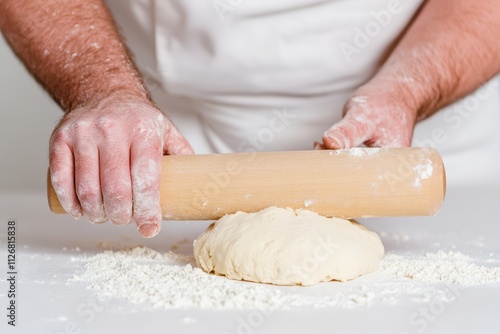 Baker Rolling Out Dough on Floured Surface, Hands Preparing Homemade Pastry photo