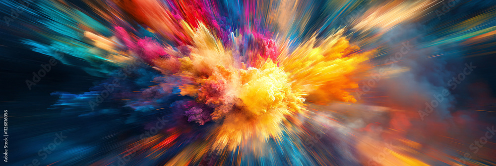 Abstract explosion of color particles, flying outward from the center in a dynamic and energetic burst. Abstract explosion of color particles, flying outward from the center in a dynamic and energetic burst.