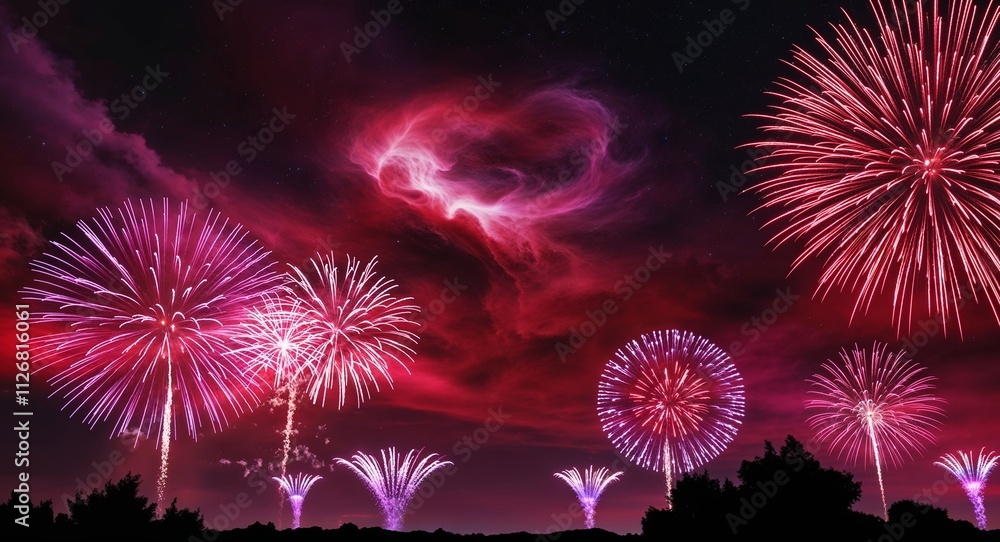 Designing a sky filled with red and purple firework effects that resemble swirling nebulae Designing a sky filled with red and purple firework effects that resemble swirling nebulae