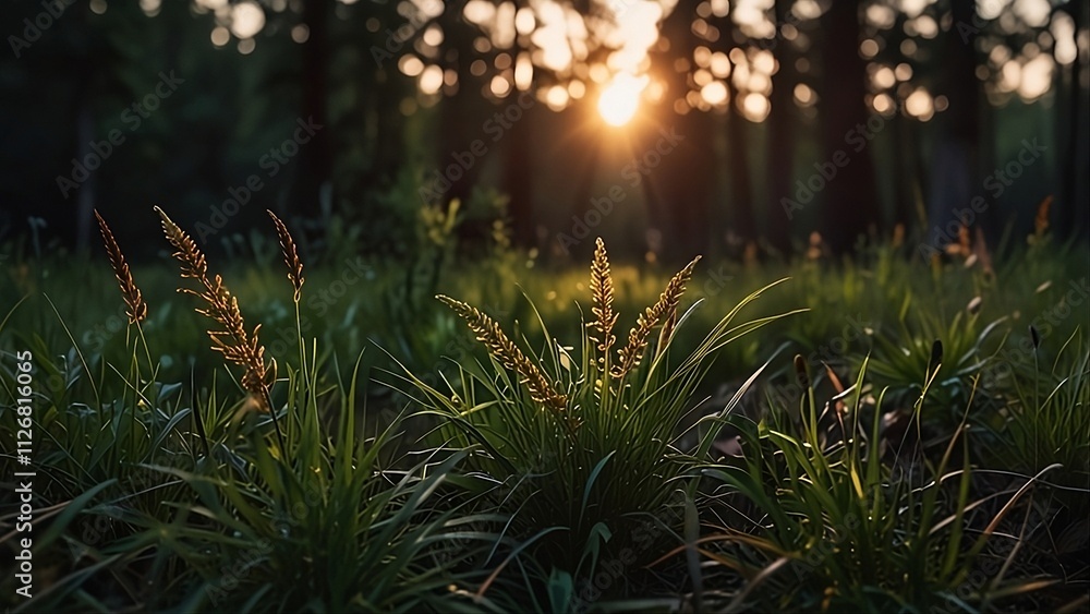 sunset in the forest. Wild grass in the forest at sunset sunset in the forest. Wild grass in the forest at sunset
