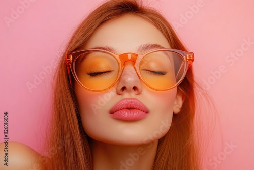 Wallpaper Mural Woman with orange glasses and pink lips. She is smiling and looking at the camera. The image has a happy and cheerful mood Torontodigital.ca