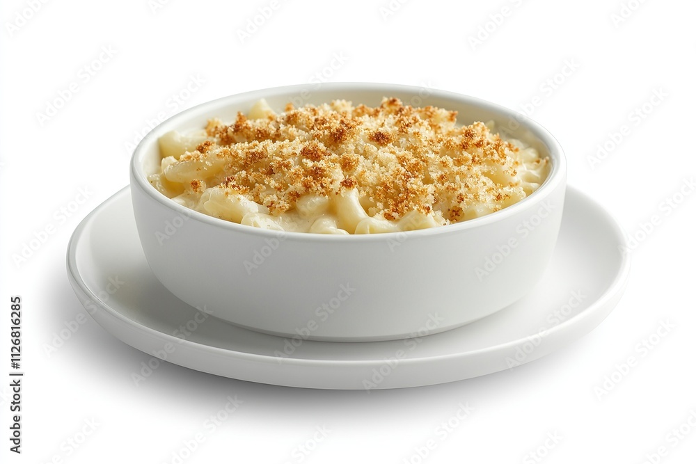 A bowl of creamy mac and cheese with golden breadcrumbs on top, served on a white plate. A bowl of creamy mac and cheese with golden breadcrumbs on top, served on a white plate.