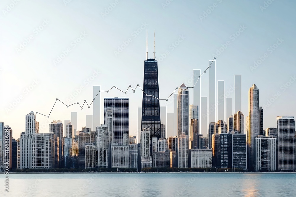 Obraz premium Aerial view of a bustling city skyline with modern high rise buildings overlaid with upward trending financial charts and graphs