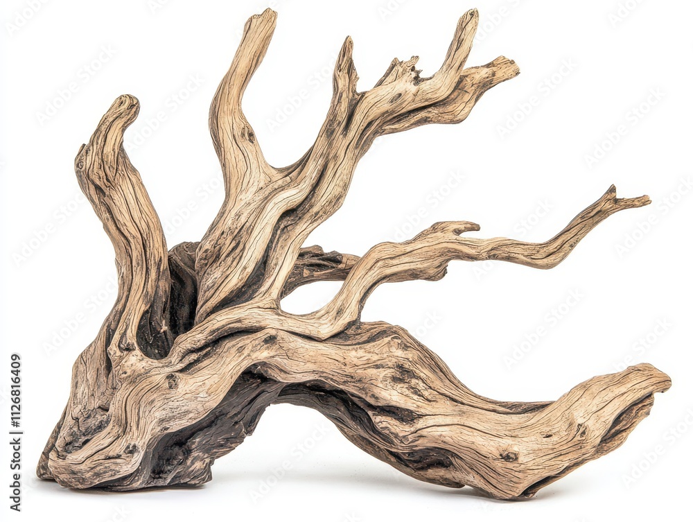 Fototapeta premium A beautifully twisted piece of driftwood showcasing intricate textures, perfect for aquascaping or decorative displays.