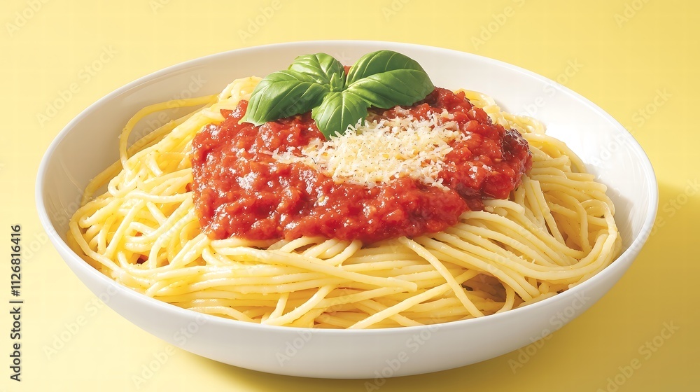 An exquisite bowl of spaghetti featuring a luscious layer of marinara sauce and garnished with bright basil, set against a vibrant solid color background that accentuates the dish’s colors and An exquisite bowl of spaghetti featuring a luscious layer of marinara sauce and garnished with bright basil, set against a vibrant solid color background that accentuates the dish’s colors and