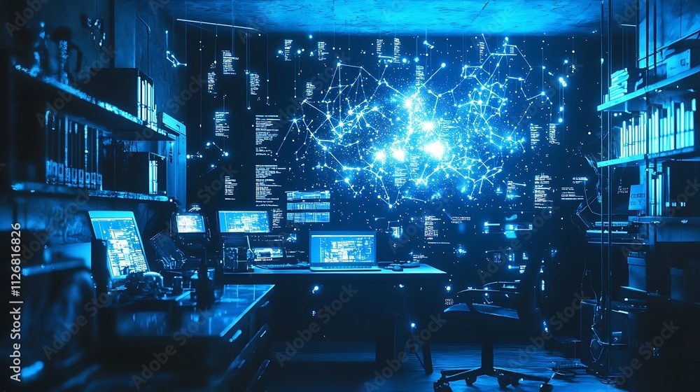 Hacker's dimly lit workspace filled with computer screens displaying code and a digital network connection. Hacker's dimly lit workspace filled with computer screens displaying code and a digital network connection.