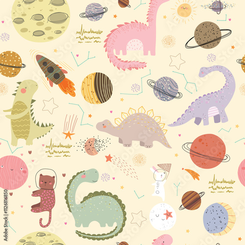 Seamless pattern with dino friends in space. Space sheap, planets, moon, dinosaurs, stars, dots and spots. Vector illustration with cute animal .