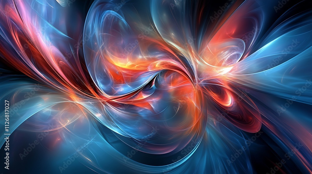 Obraz premium Abstract swirling fractal art with vibrant blue, red, and orange hues.