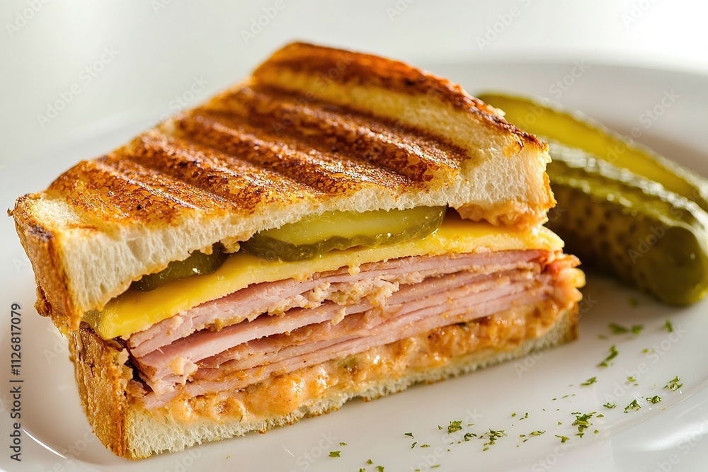 A Cuban sandwich cut in half to show layers of pork, ham, cheese, and pickles. A Cuban sandwich cut in half to show layers of pork, ham, cheese, and pickles.