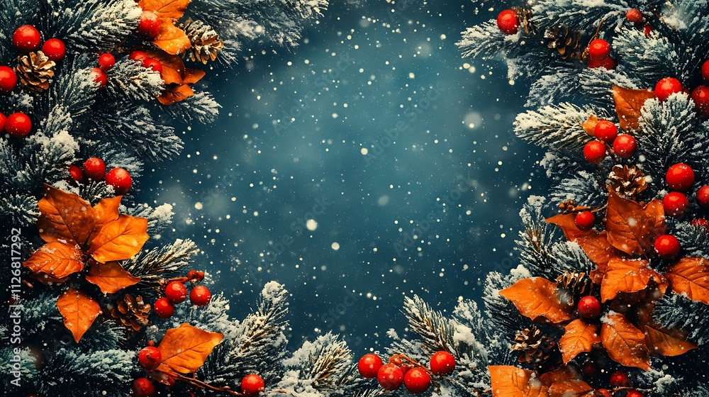 Festive Winter Snow Scene with Holly Berries and Pine Festive Winter Snow Scene with Holly Berries and Pine