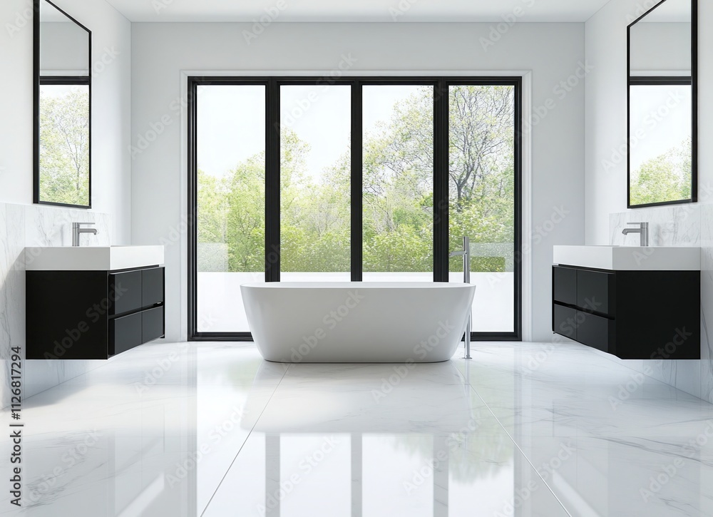 Stunning Modern Bathroom Design with a Luxurious White Tub and Black Accents Stunning Modern Bathroom Design with a Luxurious White Tub and Black Accents