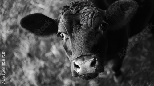 Cow with its head turned to the side. The cow is black and white. The cow is looking at the camera photo