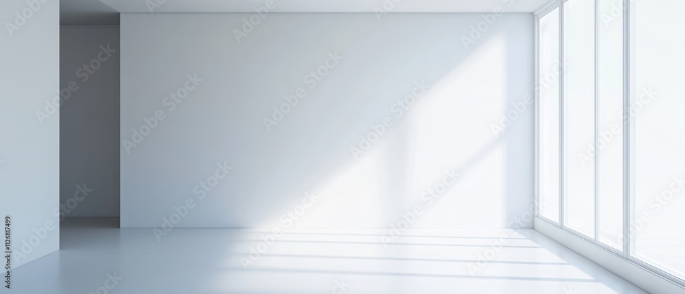 Bright, Minimalist Empty Room with Large Window and Sunlight Streaming In Bright, Minimalist Empty Room with Large Window and Sunlight Streaming In