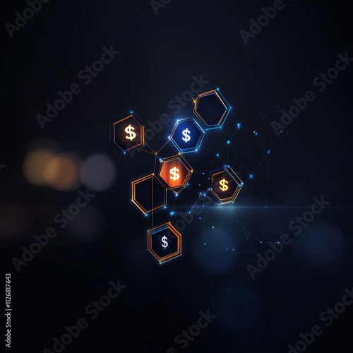Network of hexagonal icons representing finance and digital currency with dollar signs glowing against a dark abstract background for technology and investment themes