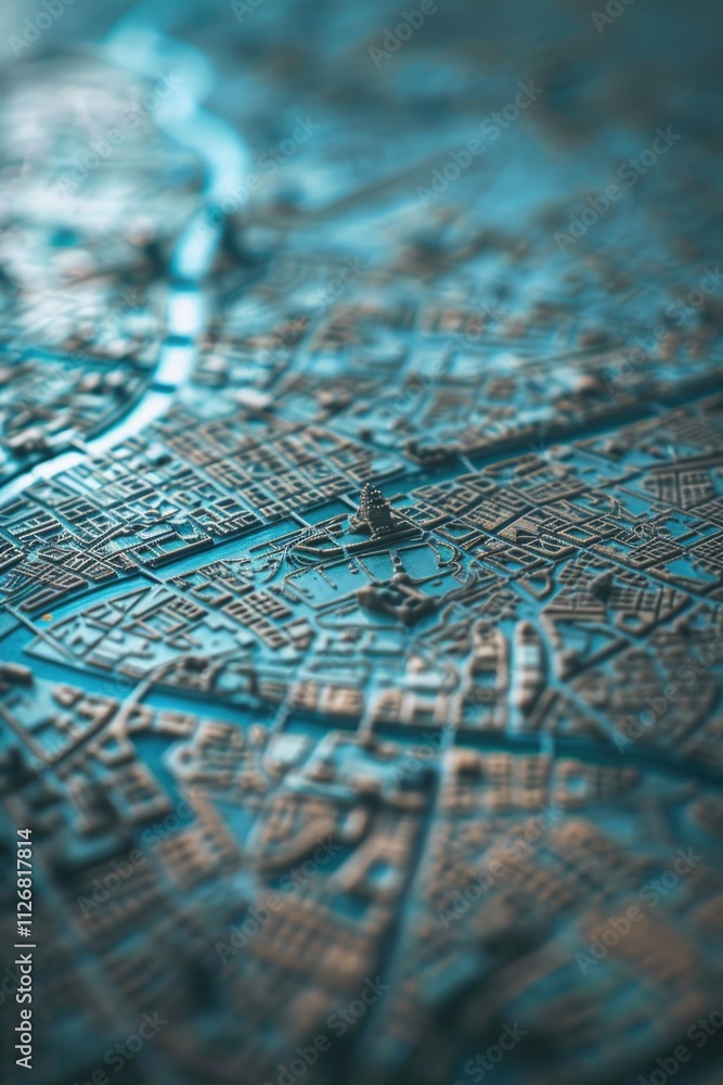 Blue and white city map with buildings and a river. The map is a close up of the city and the buildings are shown in detail Blue and white city map with buildings and a river. The map is a close up of the city and the buildings are shown in detail