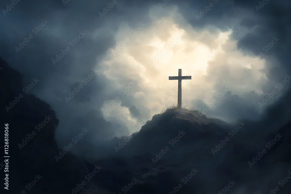 Naklejka premium Holy cross symbolizing the death and resurrection of Jesus Christ with The sky over Golgotha Hill is shrouded in light and clouds