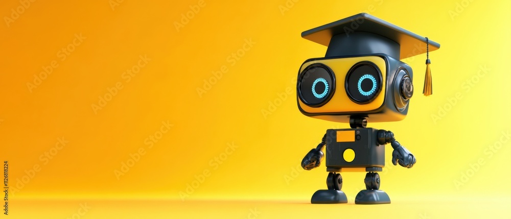 Adorable Graduate Robot in Graduation Cap on Yellow Background Adorable Graduate Robot in Graduation Cap on Yellow Background