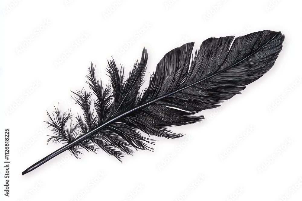 A sleek, black feather with intricate details, showcasing its delicate structure and natural beauty. A sleek, black feather with intricate details, showcasing its delicate structure and natural beauty.