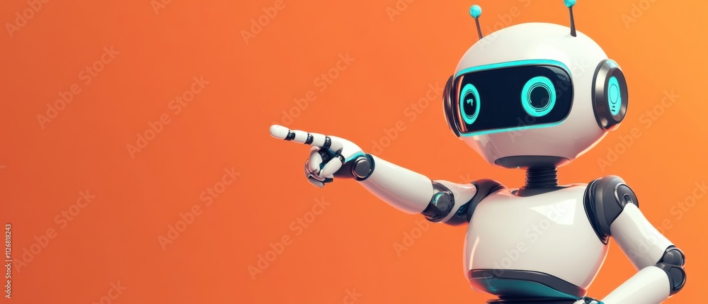 Friendly Robot Pointing, Futuristic AI Technology Concept Friendly Robot Pointing, Futuristic AI Technology Concept