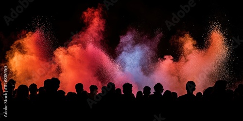 Dynamic powders creating glowing clouds around a lively crowd, filling the air with vibrant energy, under SLR photo style.