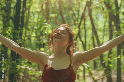 Woman is smiling and holding her arms up in the air in a forest. Scene is joyful and uplifting