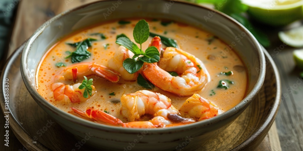 Bowl of shrimp soup with green herbs on top. The soup is a creamy, rich color and the shrimp are cooked and floating in the broth. The bowl is placed on a wooden table Bowl of shrimp soup with green herbs on top. The soup is a creamy, rich color and the shrimp are cooked and floating in the broth. The bowl is placed on a wooden table
