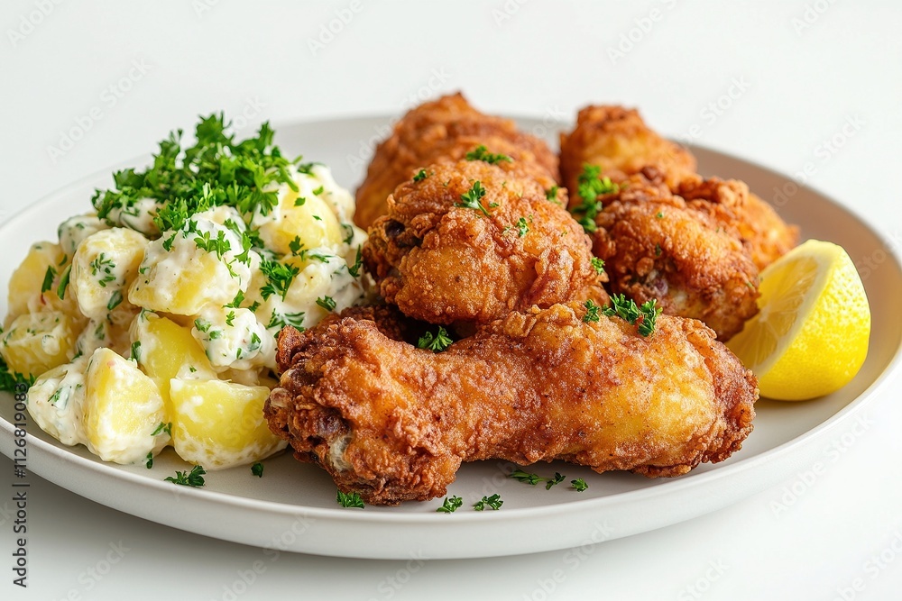 A plate of golden backhendl (Austrian fried chicken) served with a side of potato salad and lemon wedge, garnished with parsley. A plate of golden backhendl (Austrian fried chicken) served with a side of potato salad and lemon wedge, garnished with parsley.