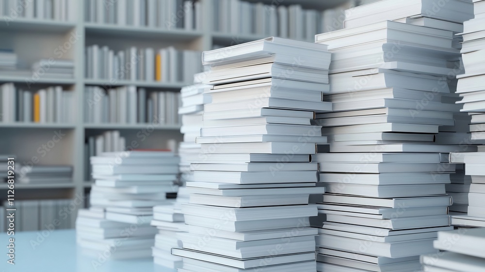 Organized Law Office with Stacked Legal Books and Financial Reports in 3D Organized Law Office with Stacked Legal Books and Financial Reports in 3D